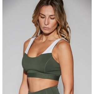 Aurum Reve Sports Bra Olive Green White Strappy Back Medium Support Small Active